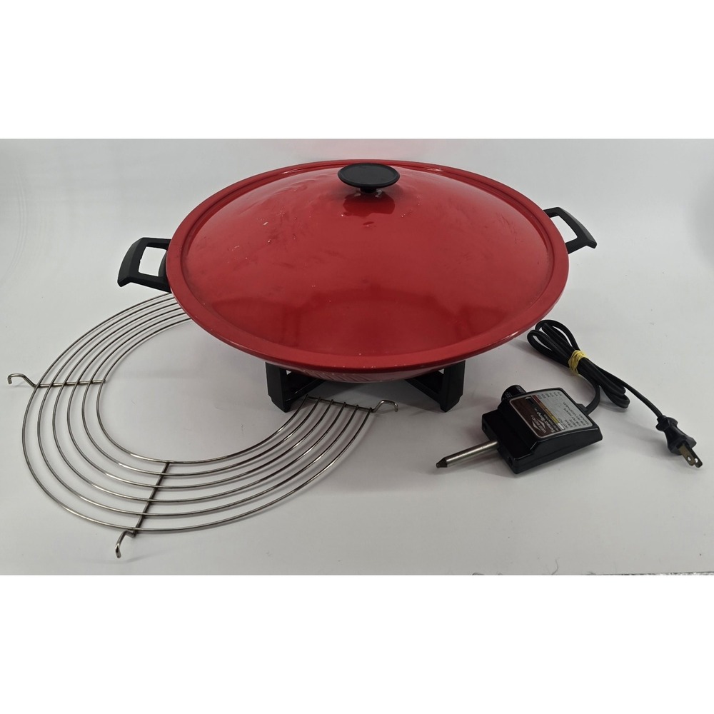 Vtg 70s West Bend Electric Wok Red Made in USA Tested Works 14" w/ Rack, Cord